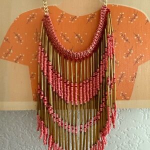 Charming Charlie Coral Pink and Gold Beaded Statement Necklace